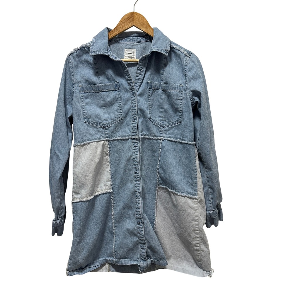Cleo + Wolf Patchwork Denim Shirt Dress Blue Long Sleeve Raw Edge Mini‎ Medium